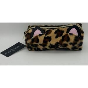 Pier 1 Jade Deer Faux Fur Cat Heart Cosmetic Bag Animal Print 7” Zip NEW